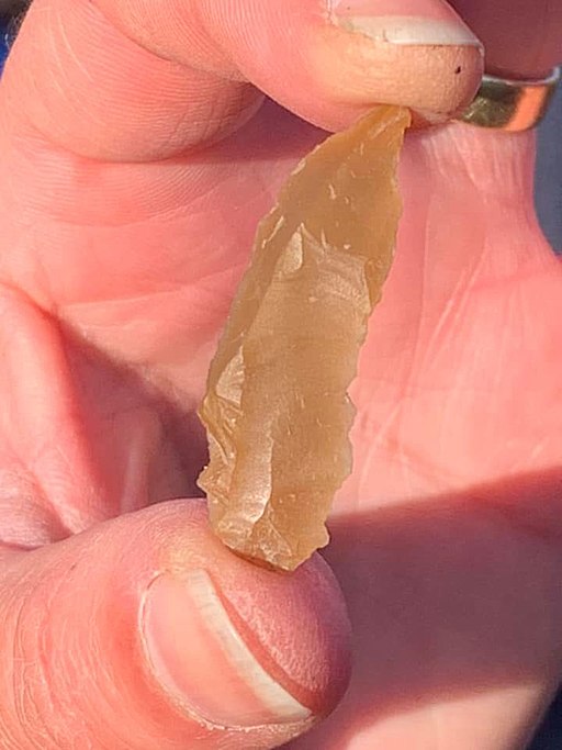 Close up of hand holding a lithic 