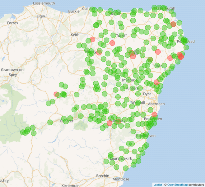 Red dots show missing photos; green, ones found