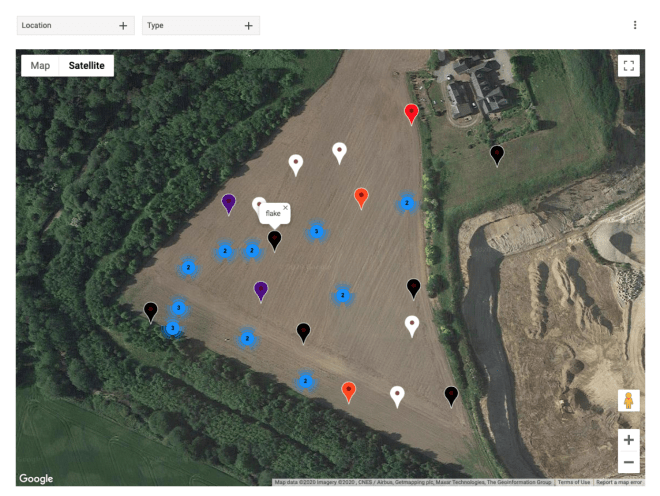 Example of colour coding for the different finds