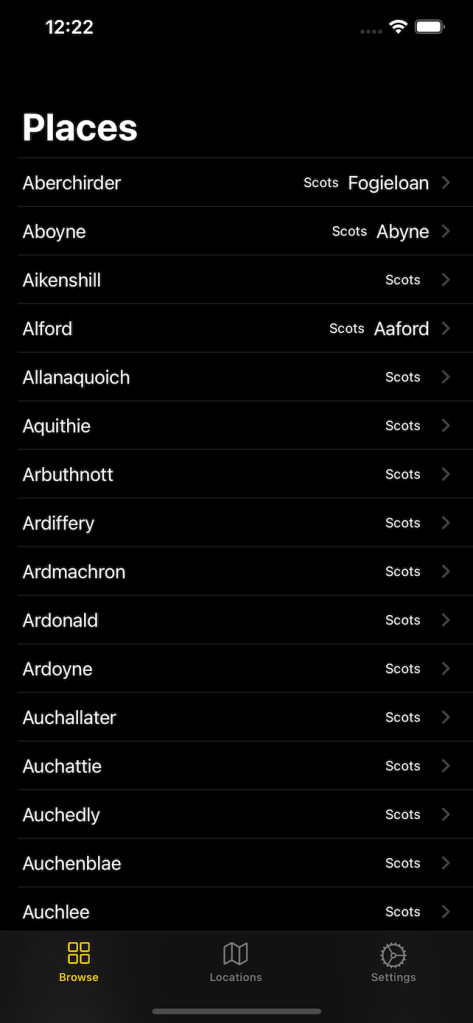List view of Places showing English and Scots translation.