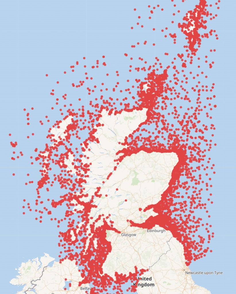 the location of all shipwrecks uploaded to Wikidata from Canmore.